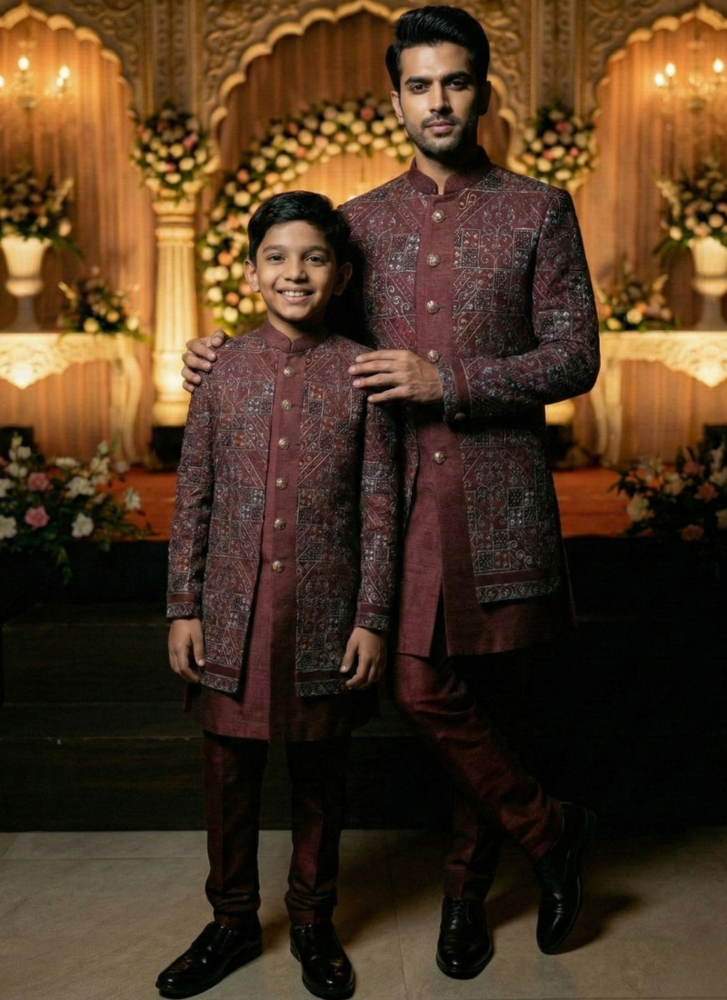 Maroon Jorget Embroidered Mens Indo Western 