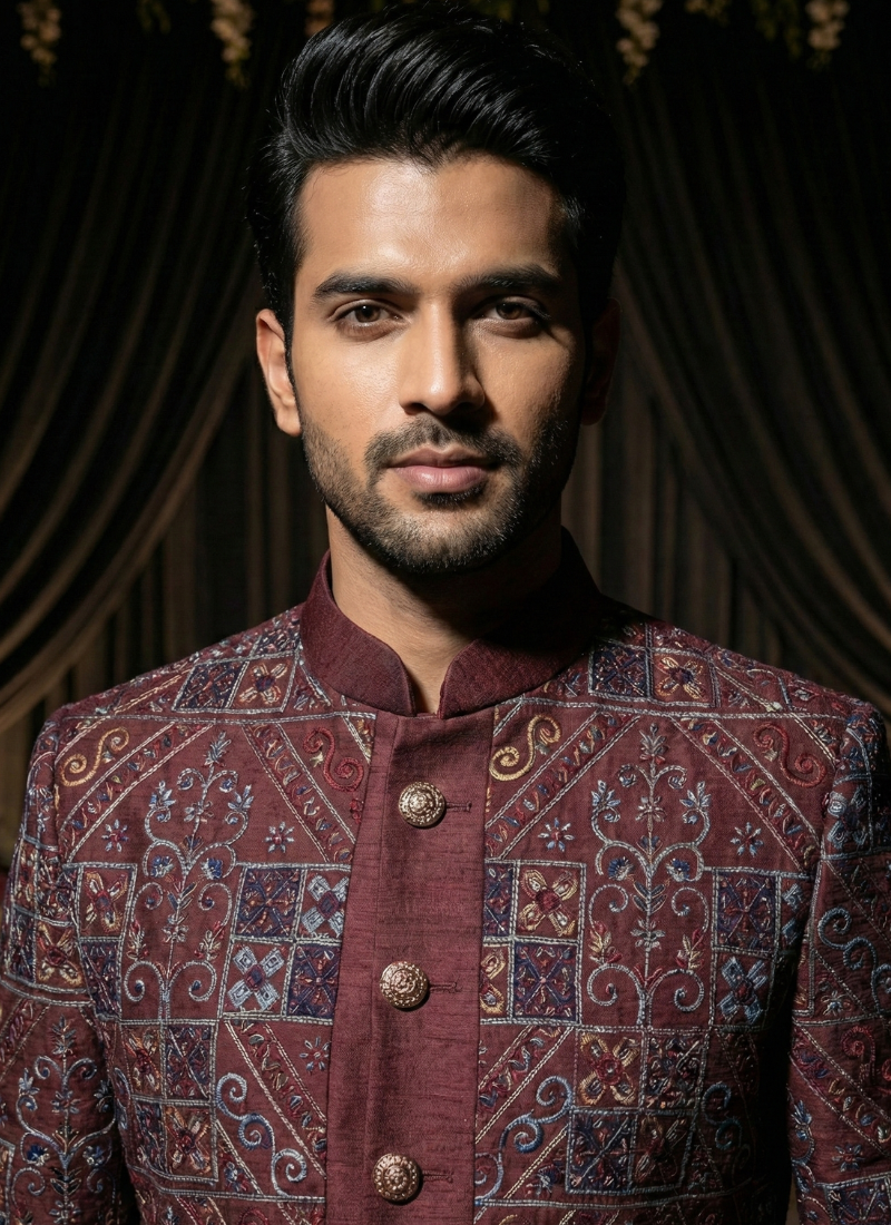 Maroon Jorget Embroidered Mens Indo Western 