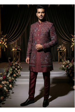 Maroon Jorget Embroidered Mens Indo Western 