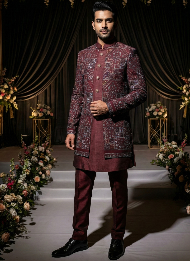 Maroon Jorget Embroidered Mens Indo Western 