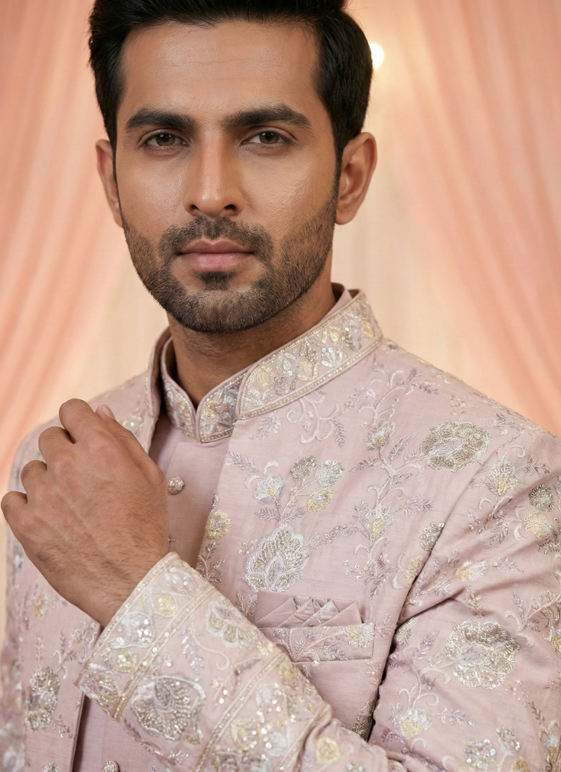 Onion Art Silk Embroidered Mens Indo Western