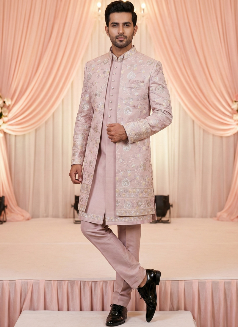 Onion Art Silk Embroidered Mens Indo Western