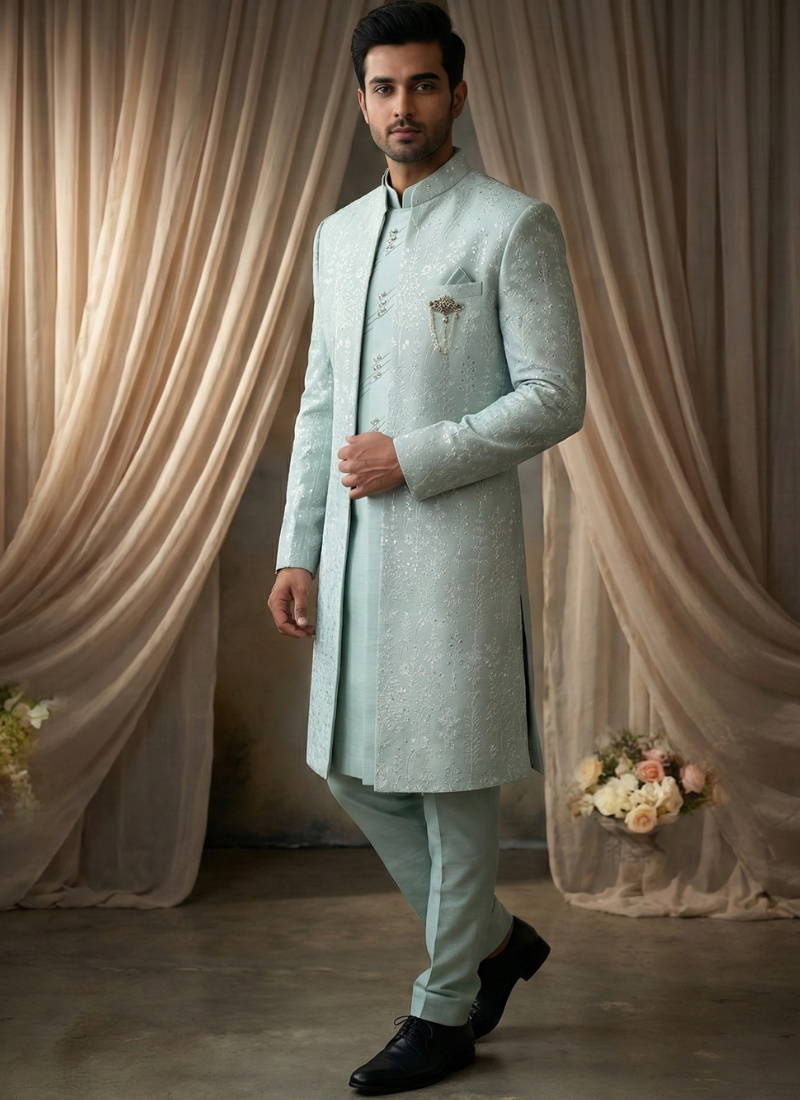 Light Green Art Silk Embroidered Mens Indo Western