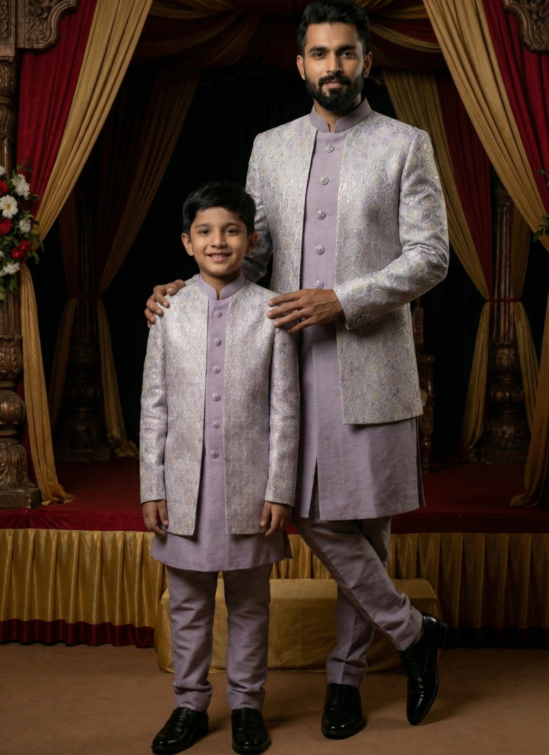 Lilac Art Silk Embroidered Mens Indo Western