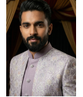 Lilac Art Silk Embroidered Mens Indo Western