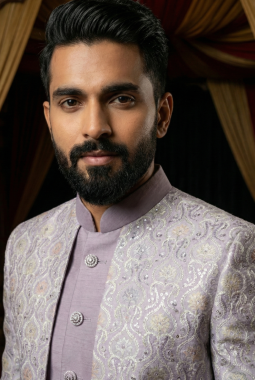 Lilac Art Silk Embroidered Mens Indo Western