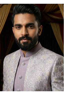 Lilac Art Silk Embroidered Mens Indo Western