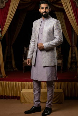 Lilac Art Silk Embroidered Mens Indo Western