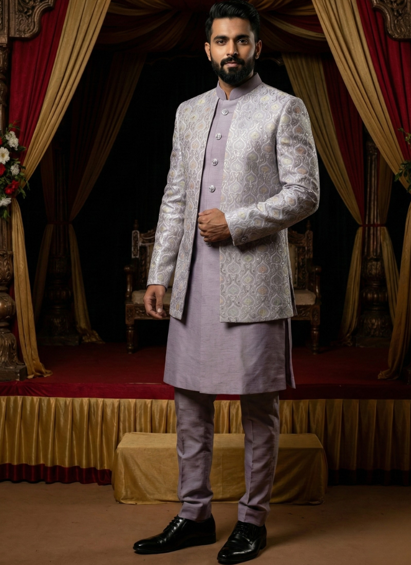 Lilac Art Silk Embroidered Mens Indo Western