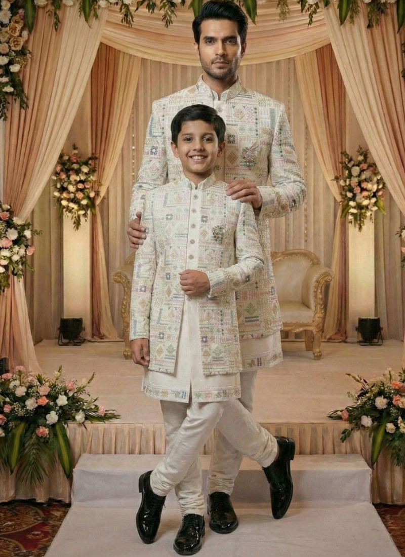 Cream Art Silk Embroidered Mens Indo Western