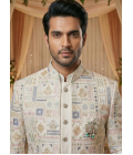 Cream Art Silk Embroidered Mens Indo Western
