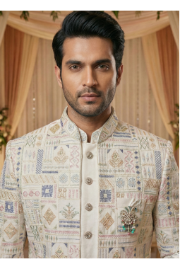 Cream Art Silk Embroidered Mens Indo Western