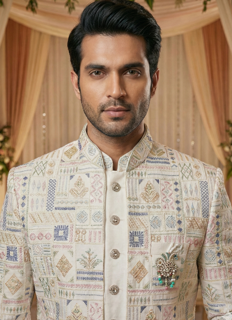Cream Art Silk Embroidered Mens Indo Western