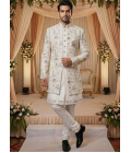 Cream Art Silk Embroidered Mens Indo Western