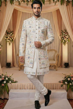 Cream Art Silk Embroidered Mens Indo Western