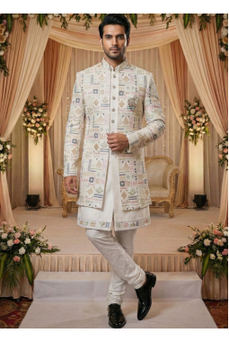 Cream Art Silk Embroidered Mens Indo Western