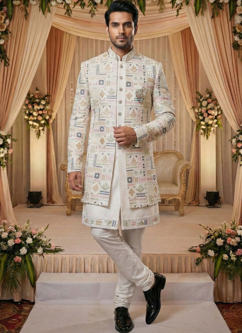 Cream Art Silk Embroidered Mens Indo Western