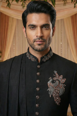 Black Luchka Patch Work Mens Nawabi Indo Western