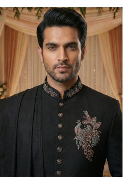 Black Luchka Patch Work Mens Nawabi Indo Western