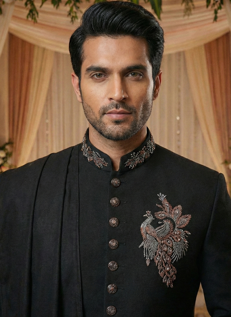 Black Luchka Patch Work Mens Nawabi Indo Western