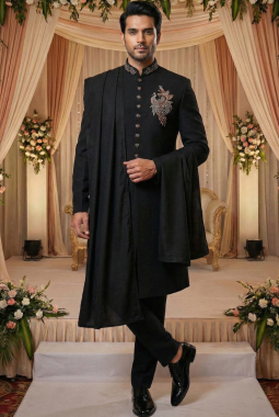 Black Luchka Patch Work Mens Nawabi Indo Western