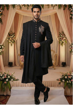 Black Luchka Patch Work Mens Nawabi Indo Western