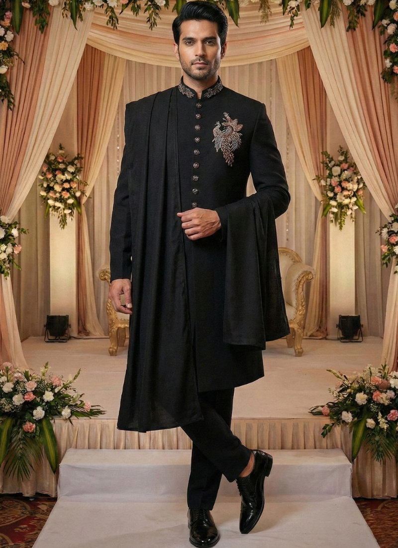 Black Luchka Patch Work Mens Nawabi Indo Western