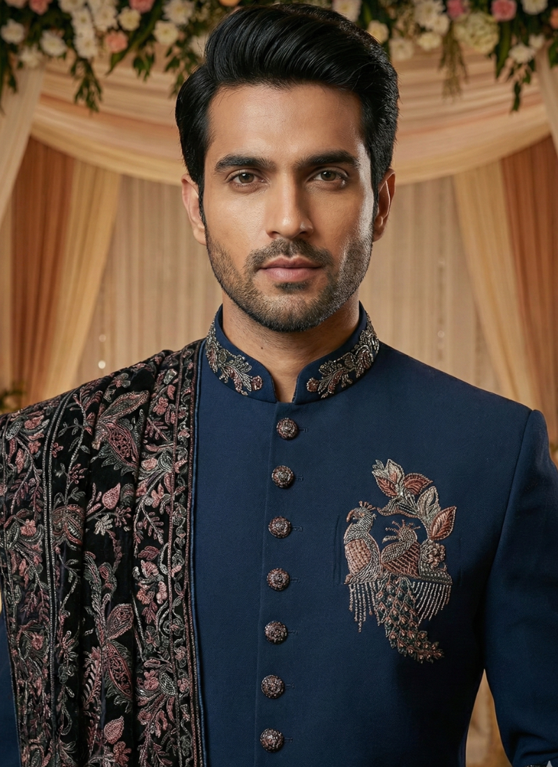 Teal Luchka Patch Work Mens Nawabi Indo Western