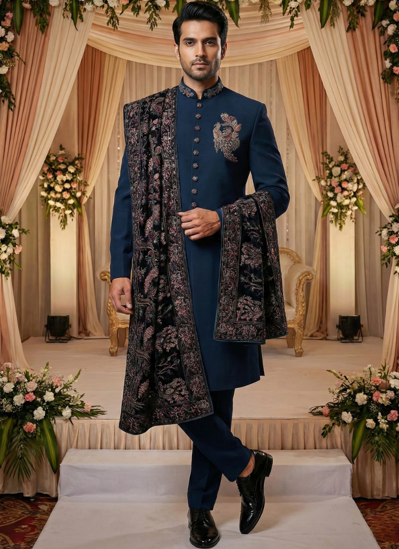 Teal Luchka Patch Work Mens Nawabi Indo Western