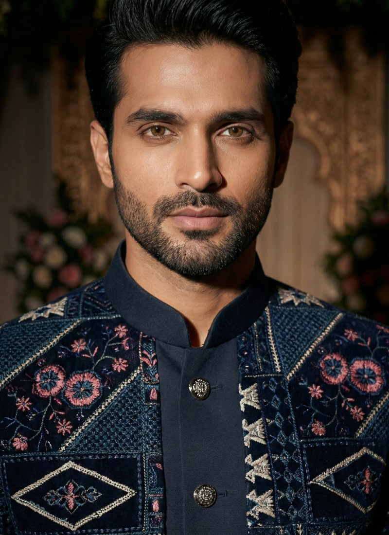 Black Velvet Embroidered Mens Indo Western