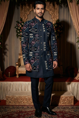 Black Velvet Embroidered Mens Indo Western