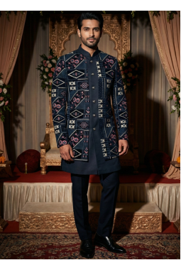 Black Velvet Embroidered Mens Indo Western
