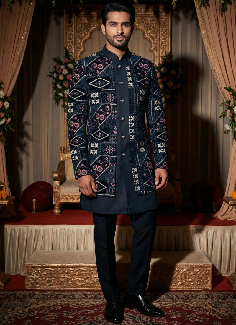 Black Velvet Embroidered Mens Indo Western
