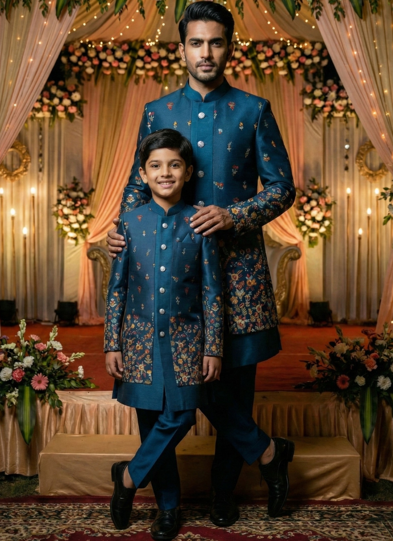 Teal Linen Silk Embroidered Mens Indo Western