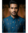 Teal Linen Silk Embroidered Mens Indo Western