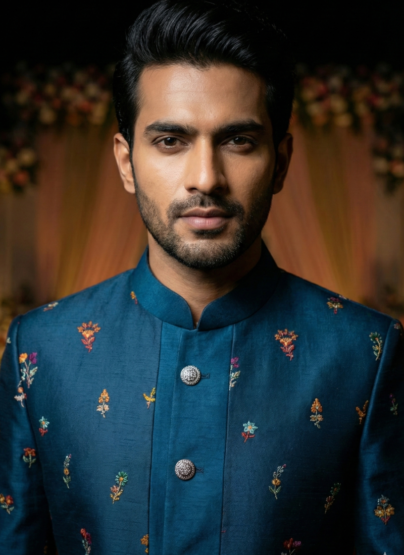 Teal Linen Silk Embroidered Mens Indo Western