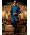 Teal Linen Silk Embroidered Mens Indo Western