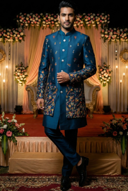 Teal Linen Silk Embroidered Mens Indo Western