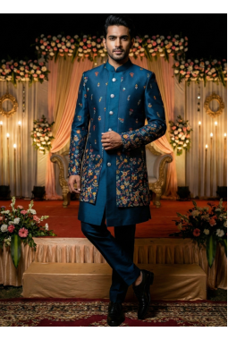 Teal Linen Silk Embroidered Mens Indo Western