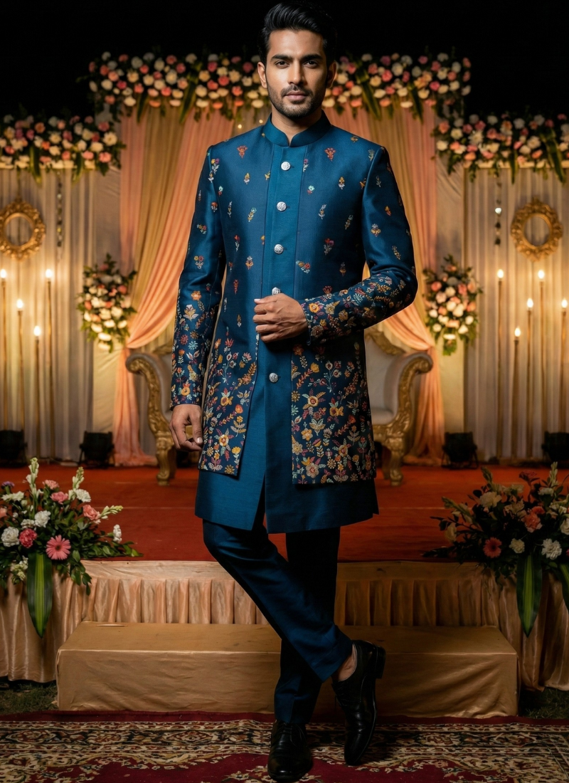 Teal Linen Silk Embroidered Mens Indo Western