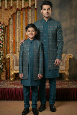 Teal Art Silk Embroidered Mens Indo Western