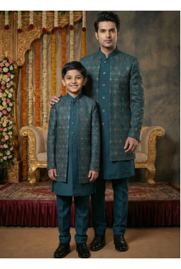 Teal Art Silk Embroidered Mens Indo Western