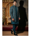 Teal Art Silk Embroidered Mens Indo Western