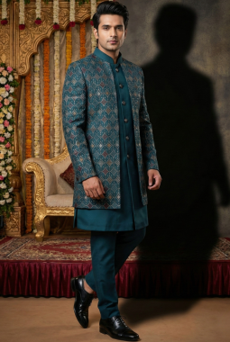 Teal Art Silk Embroidered Mens Indo Western