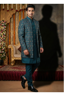 Teal Art Silk Embroidered Mens Indo Western