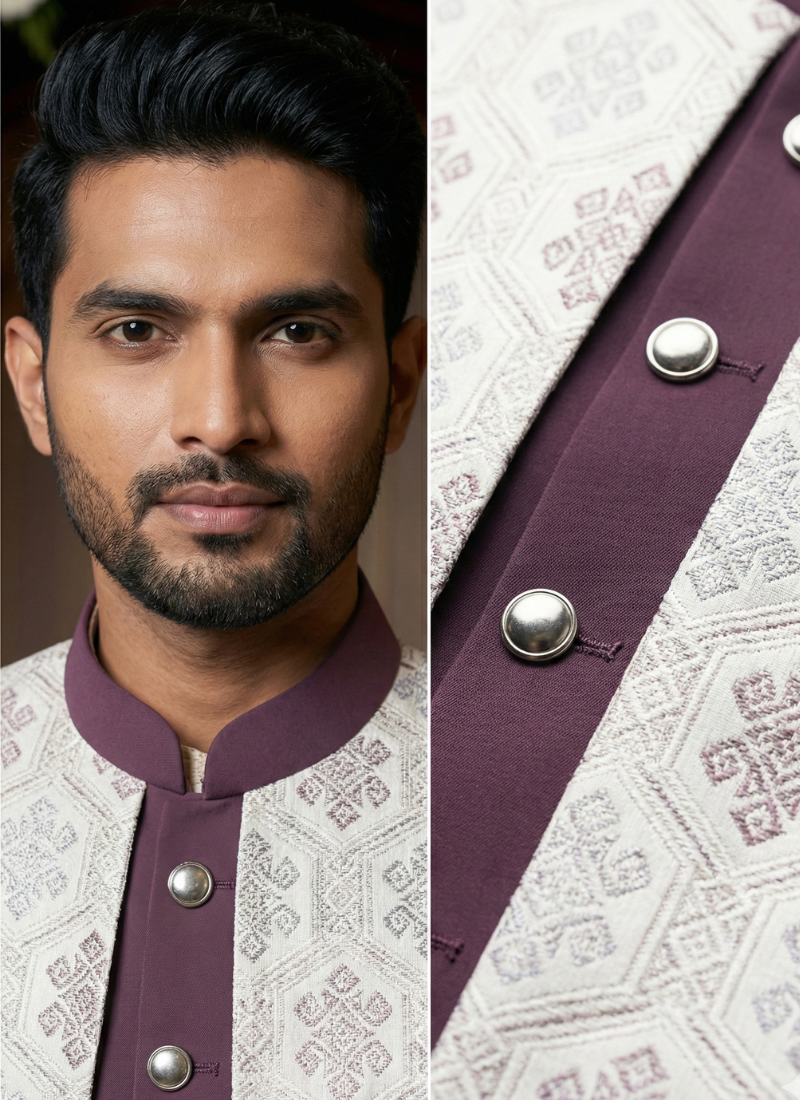 White Art Silk Embroidered Mens Indo Western