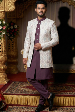 White Art Silk Embroidered Mens Indo Western