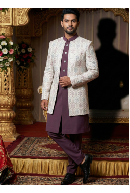 White Art Silk Embroidered Mens Indo Western