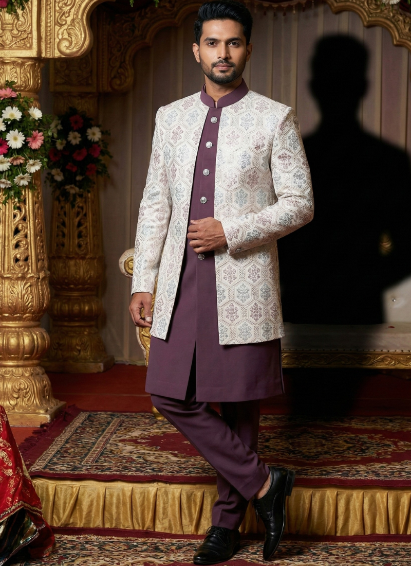 White Art Silk Embroidered Mens Indo Western