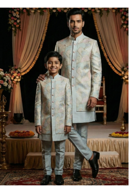 Grey Linen Silk Embroidered Mens Indo Western